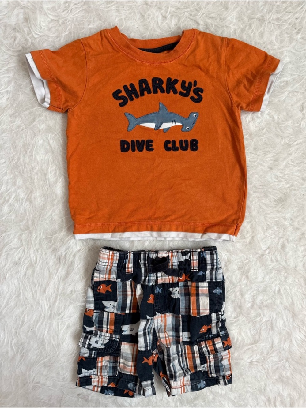 Gymboree Baby Boys Preppy Orange Shark Graphic Tee and Matching Plaid Shorts